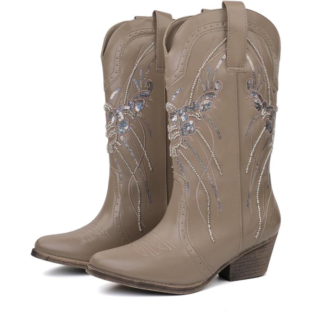 🆕HaJabasic Women Khaki Mid Calf Pointed Sequin Embroidered Chunky Cowgirl Boots